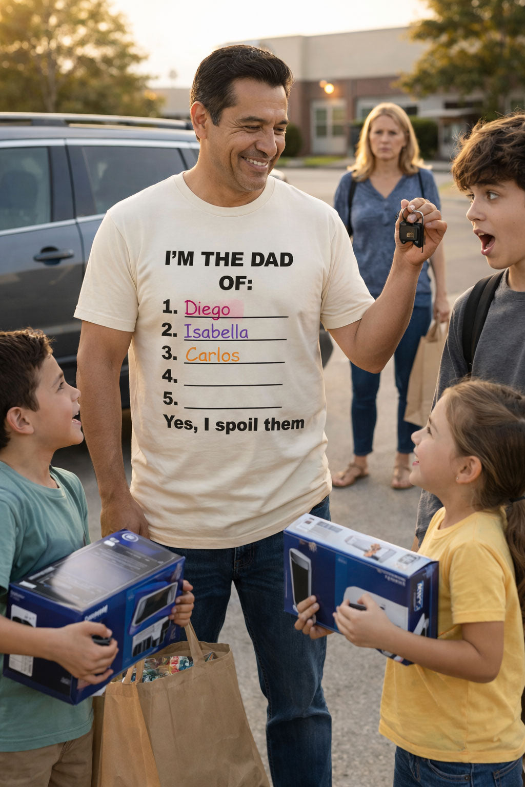 Proud dad handing out gifts wearing the I'm the dad of yes I spoil them shirt for fathers.