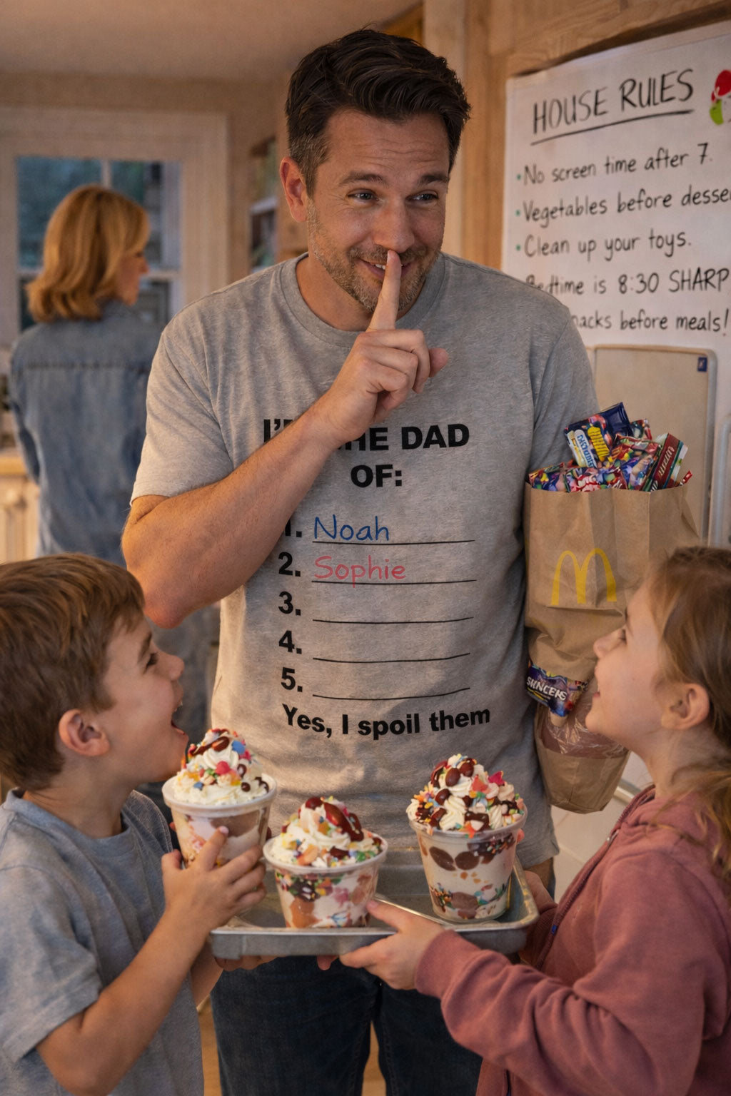 Secretive man holding ice cream wearing I'm the dad of yes I spoil them tee creating fun moments.