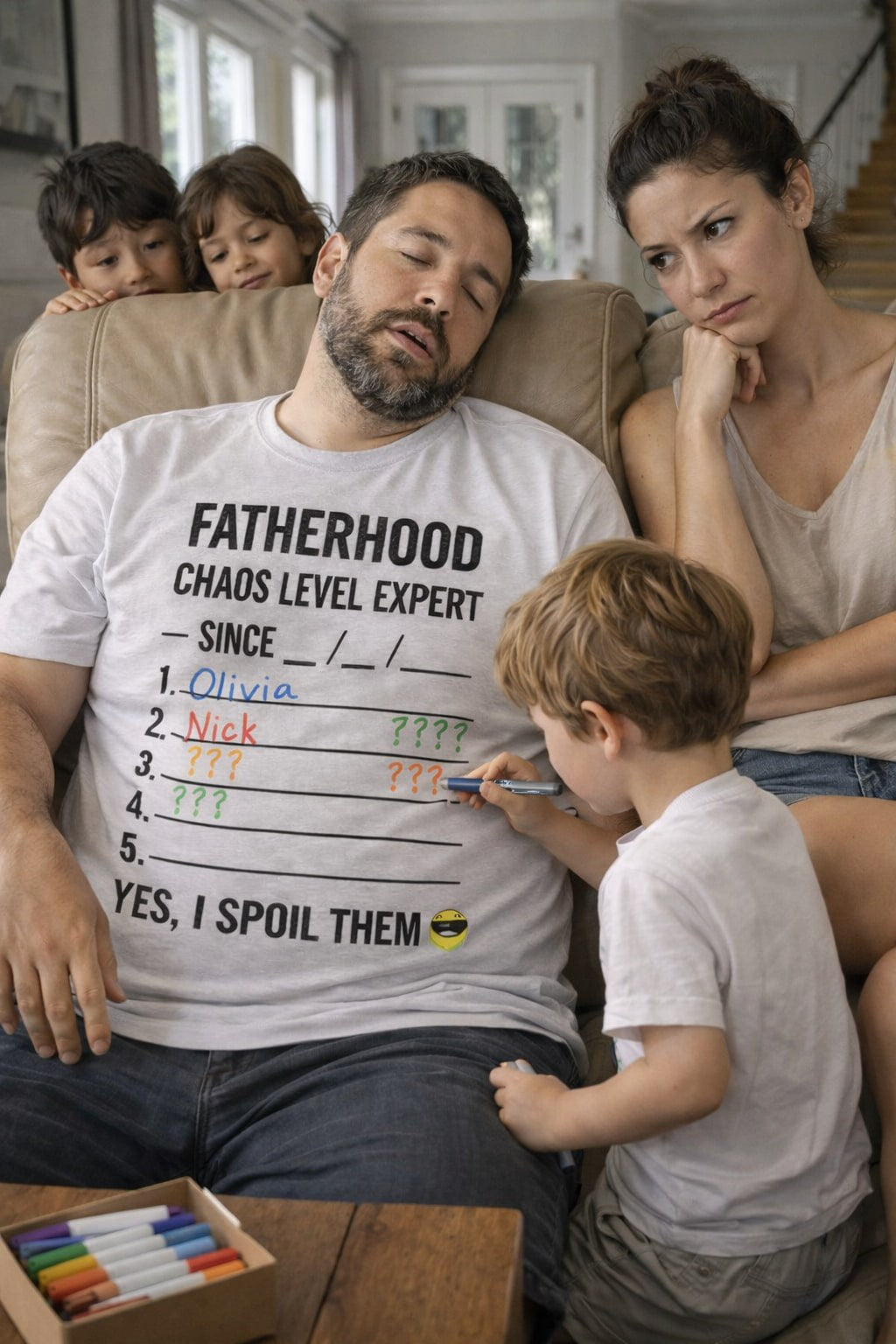 Funny TtCAD shirt for dads: FATHERHOOD. Chaos Level: Expert; a perfect humorous gift idea for a father from kids or wife