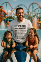 Family fun time: man in FATHERHOOD. Chaos Level: Expert premium tee; creative gift for a husband or brother who loves being a dad and a good laugh
