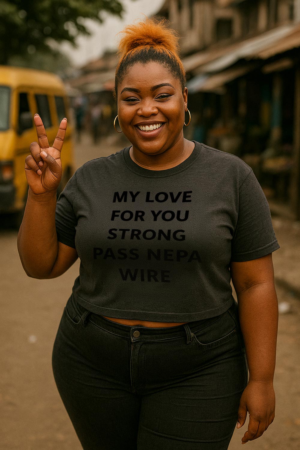 Happy woman showing peace sign in my love for you strong pass nepa wire steady spark gift.