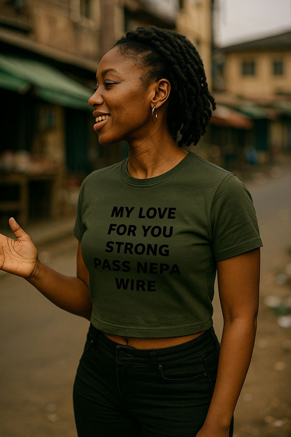 Woman looking sideways wearing my love for you strong pass nepa wire steady affection gift for her.