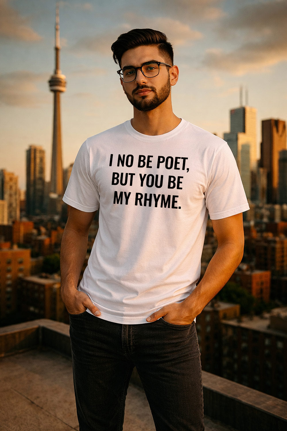 Relaxed man posing outside in I no be poet but you be my rhyme sweet melody gift.
