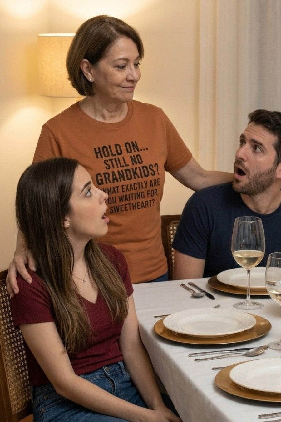 Mother at dinner wearing hold on still no grandkids anticipating the next generation, ideal gift for parents.