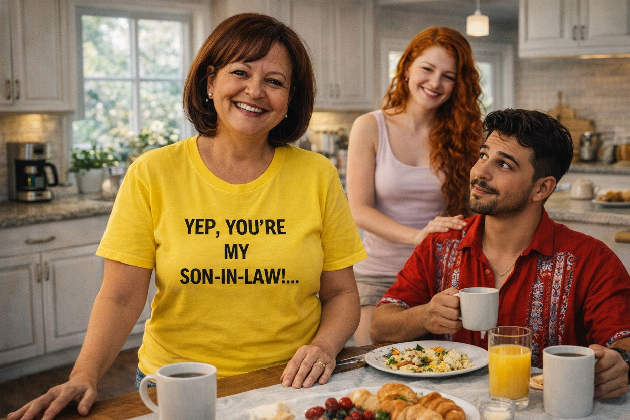 Warm family kitchen scene: Yep, you're my son-in-law. premium tee; creative gift for a new son-in-law to celebrate family acceptance and fun