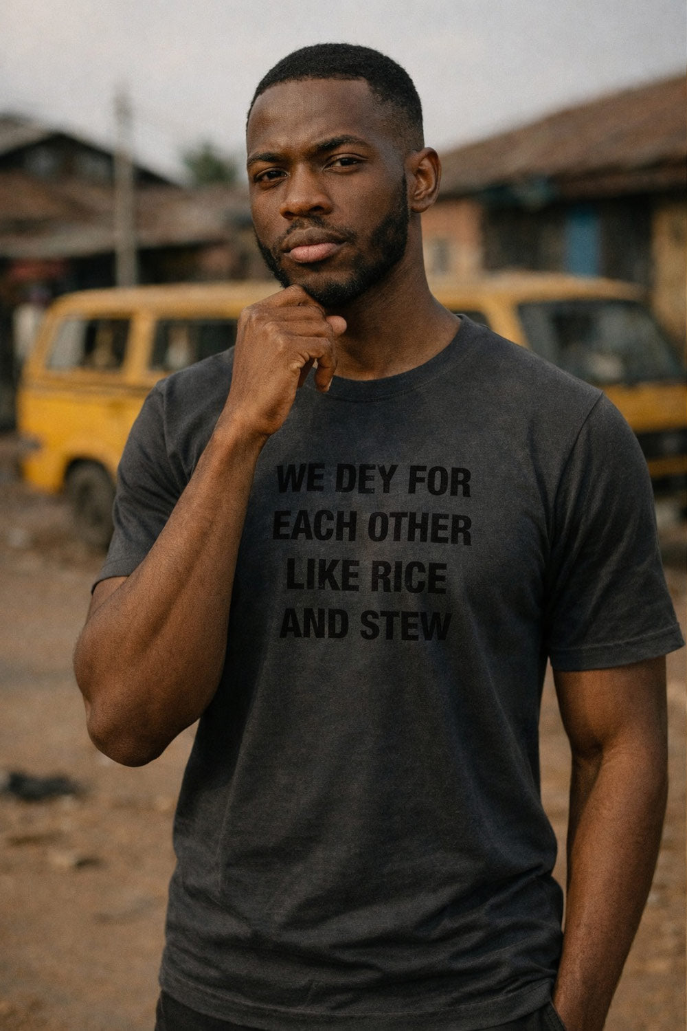 Serious man posing in we dey for each other like rice and stew sweet satisfaction gift for him.