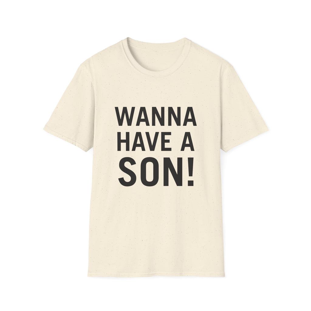 Minimalist flat lay of WANNA HAVE A SON! premium cream shirt; high-quality fabric detail for a luxury gift for couples and families