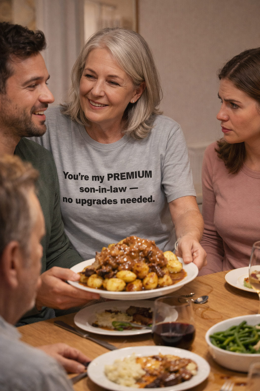 Smiling woman serving dinner wearing you're my premium son-in-law no upgrades needed shirt expressing complete approval.