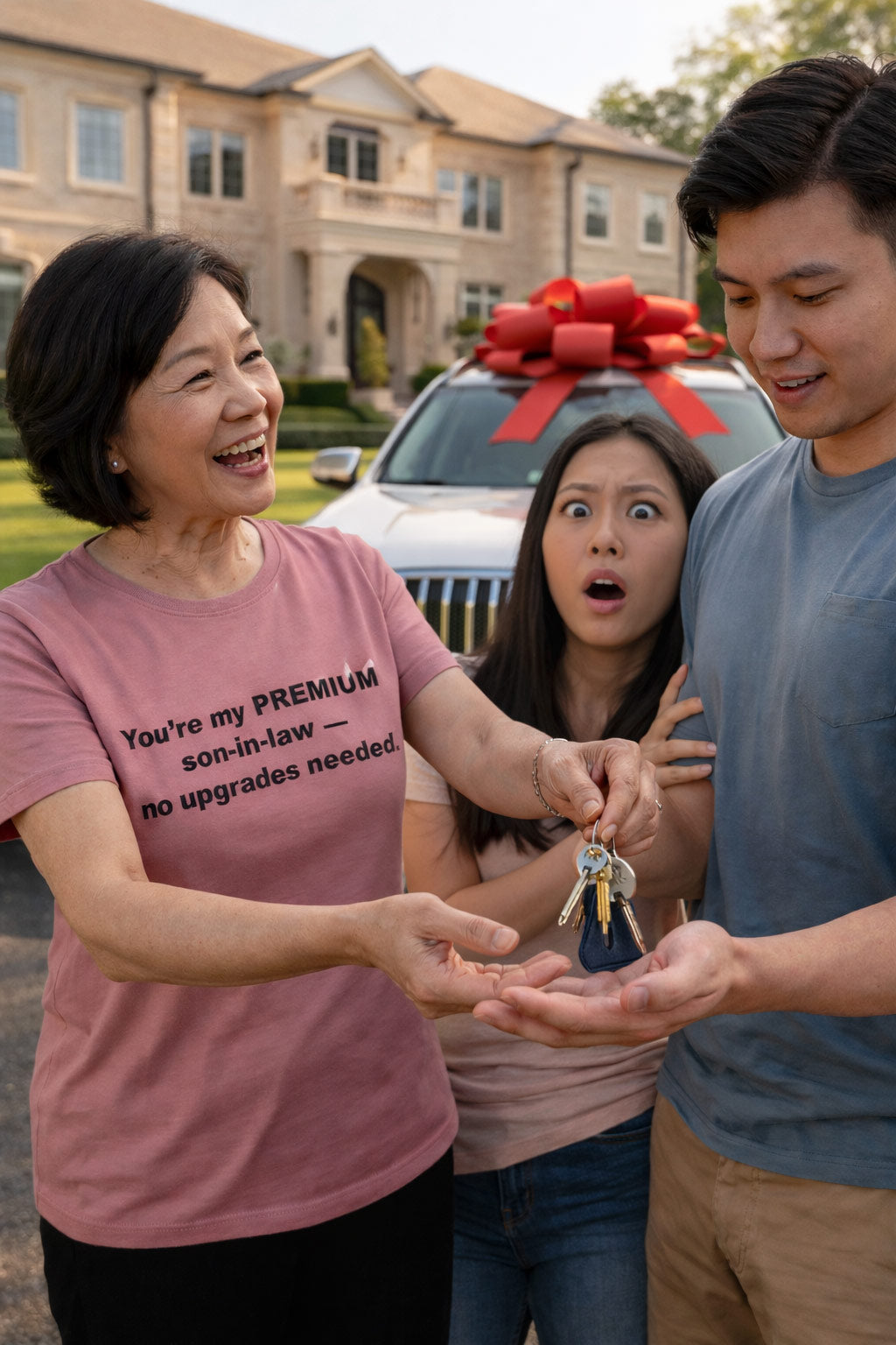 Happy woman gifting car keys wearing you're my premium son-in-law no upgrades needed tee for family.