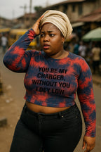 Tired woman touching head wearing you be my charger without you I dey low steady spirit gift.
