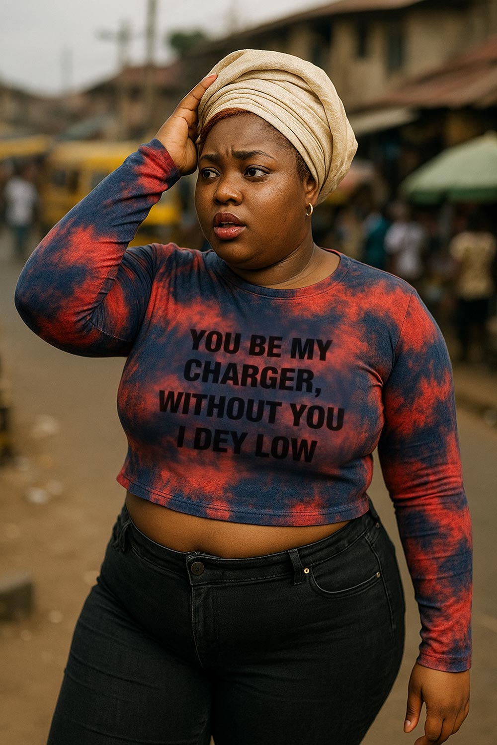 Tired woman touching head wearing you be my charger without you I dey low steady spirit gift.