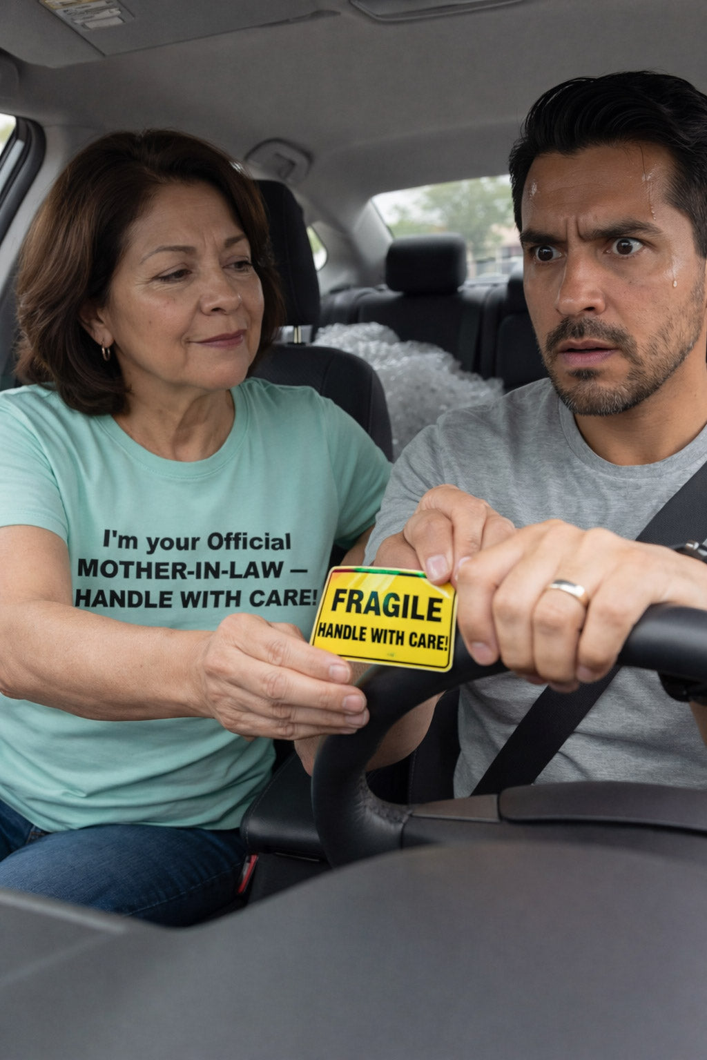Serious woman showing a sticker wearing I'm your official mother-in-law handle with care tee for family.