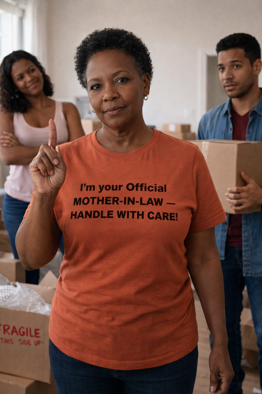 Proud woman standing by boxes wearing I'm your official mother-in-law handle with care shirt commanding respect.