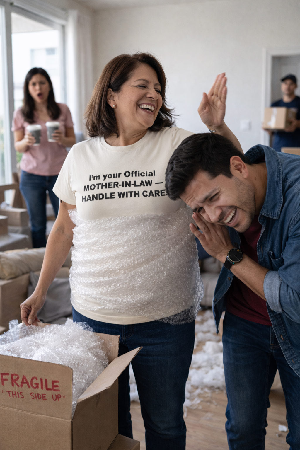 Laughing woman playfully hitting man wearing I'm your official mother-in-law handle with care shirt bringing lighthearted humor.