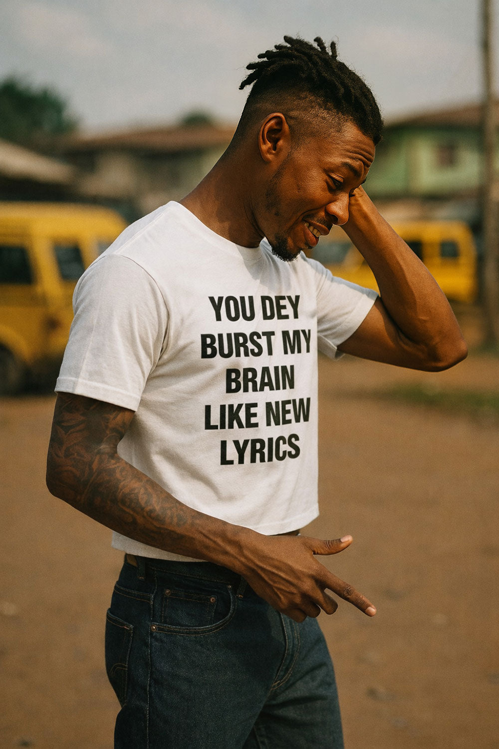 Smiling man touching head in you dey burst my brain like new lyrics fresh excitement gift.