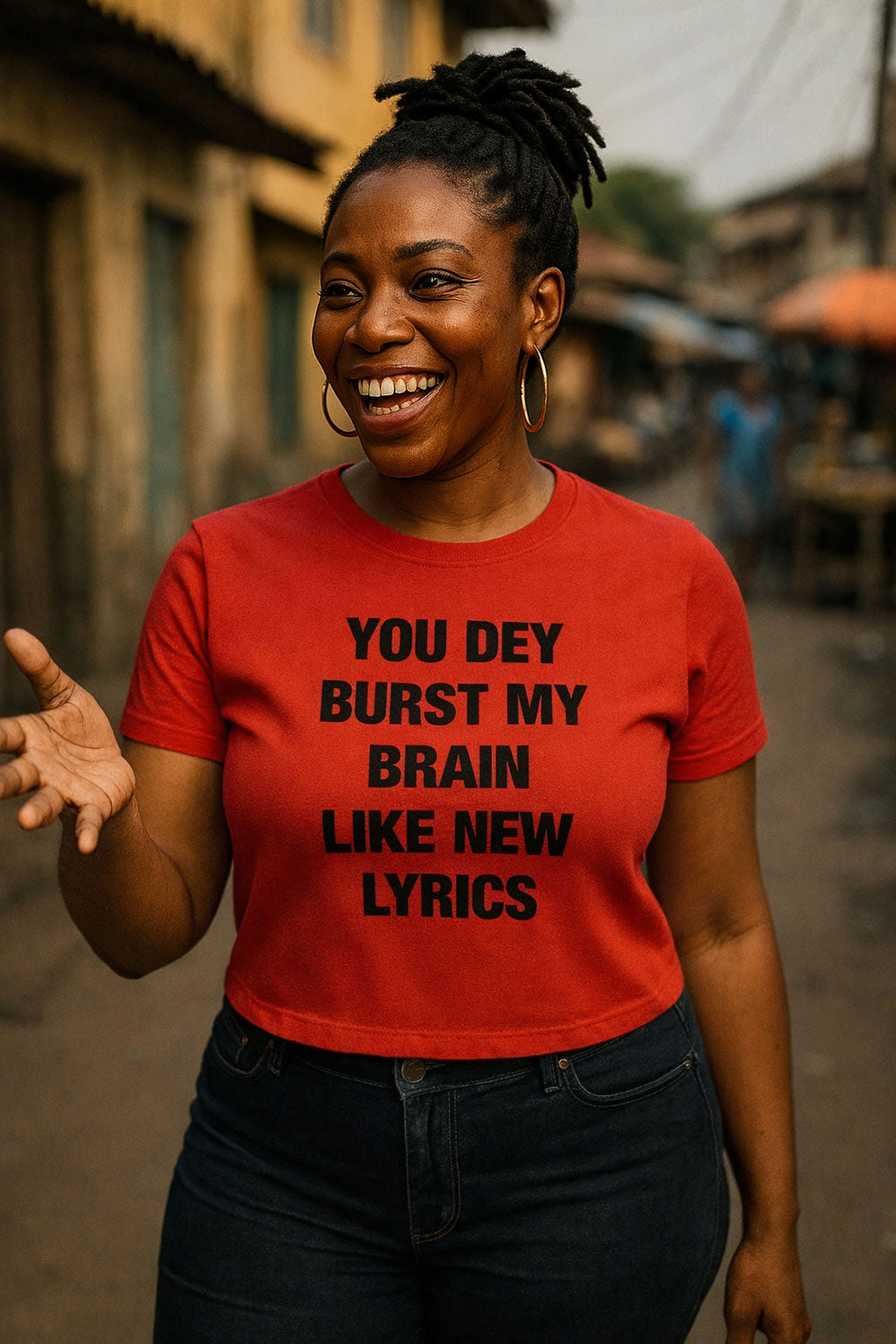Laughing woman talking wearing you dey burst my brain like new lyrics pure treasure perfect gift.