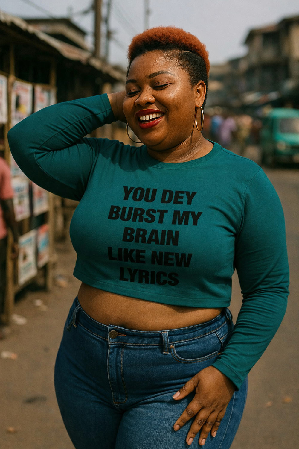 Happy woman posing in you dey burst my brain like new lyrics sweet song meaningful gift.