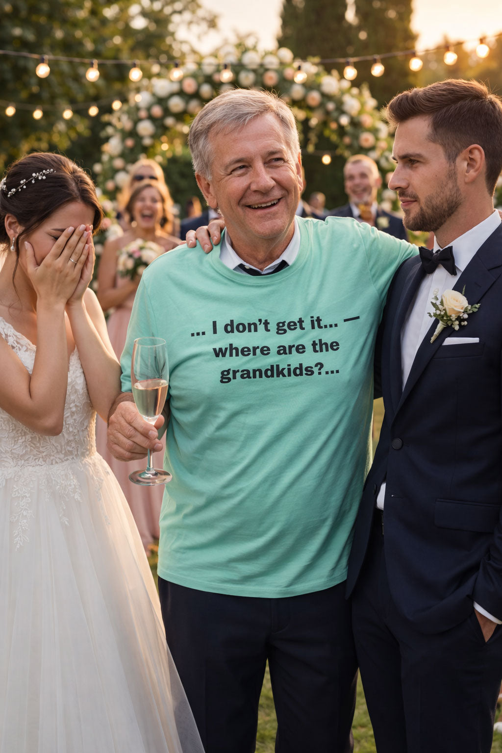 Smiling man at a wedding wearing I don't get it where are the grandkids shirt for parents.