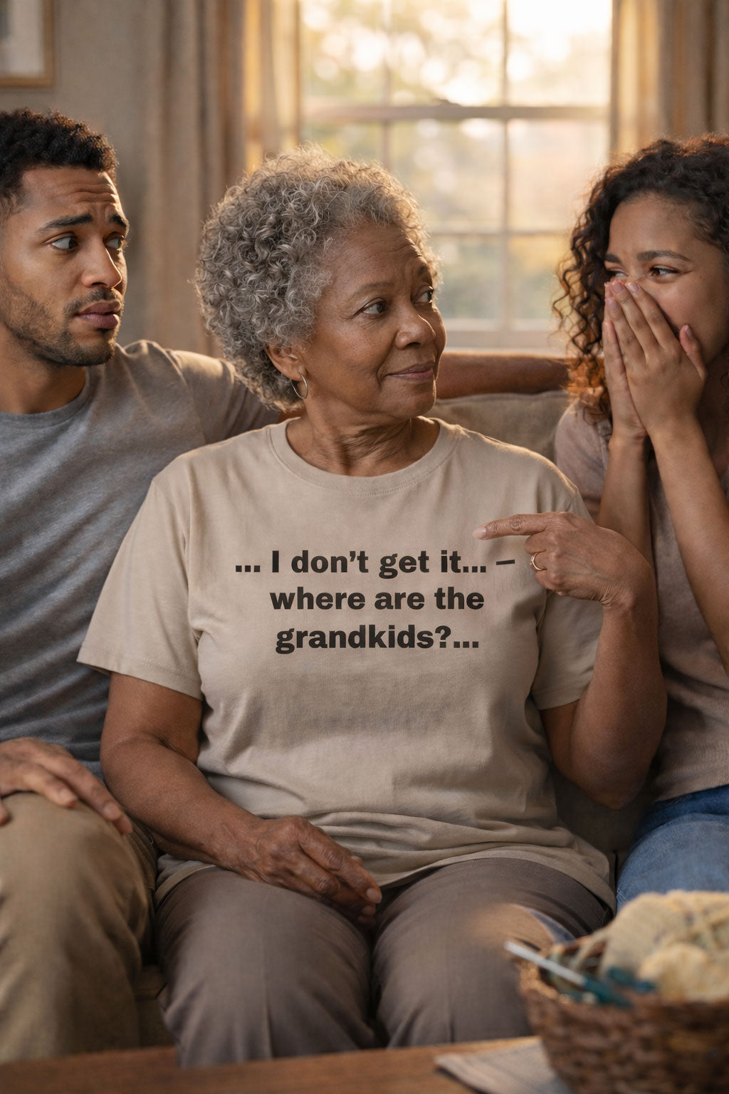 Amused woman on couch wearing I don't get it where are the grandkids tee a funny gift.