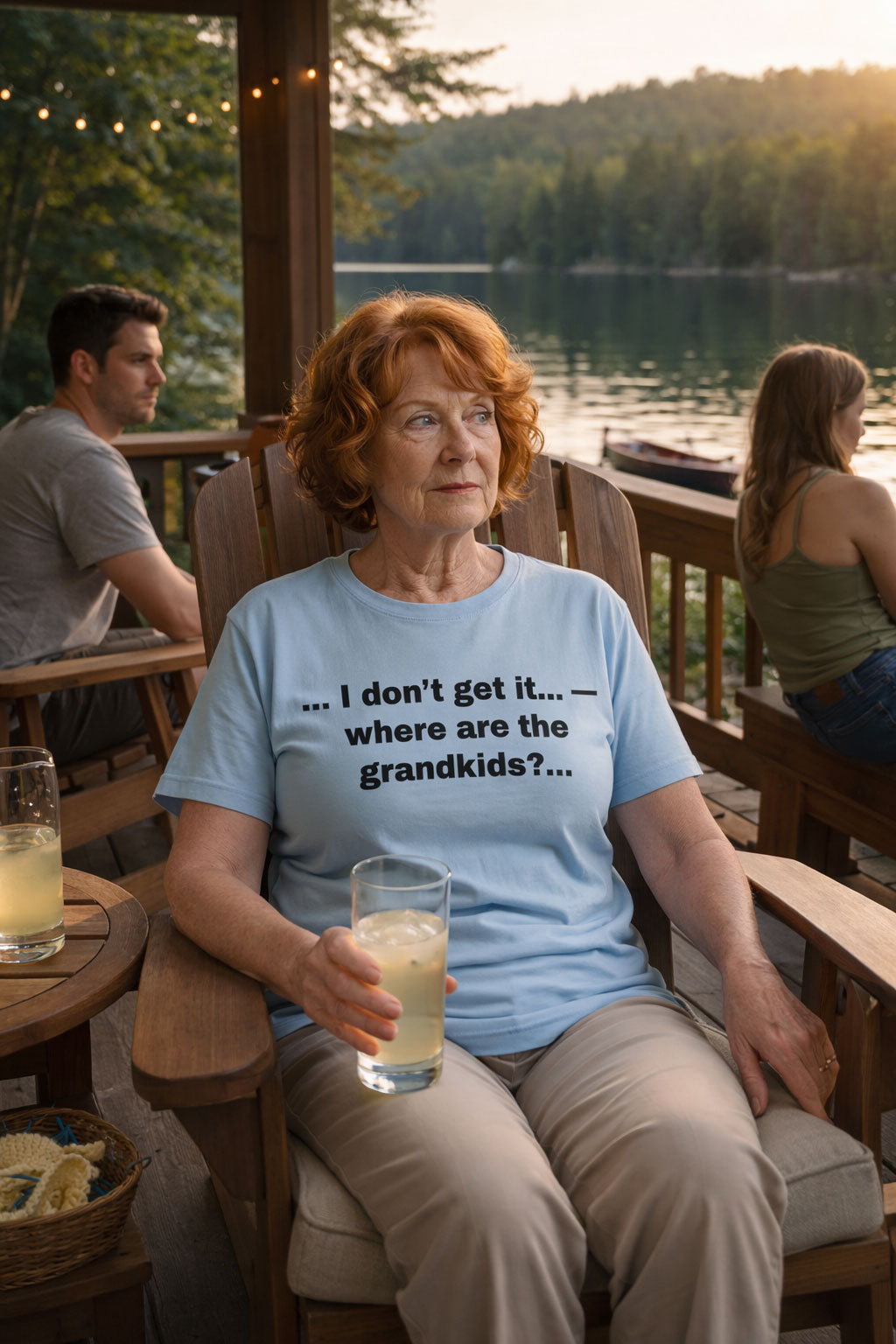 Relaxed woman on a porch wearing I don't get it where are the grandkids shirt anticipating milestones.