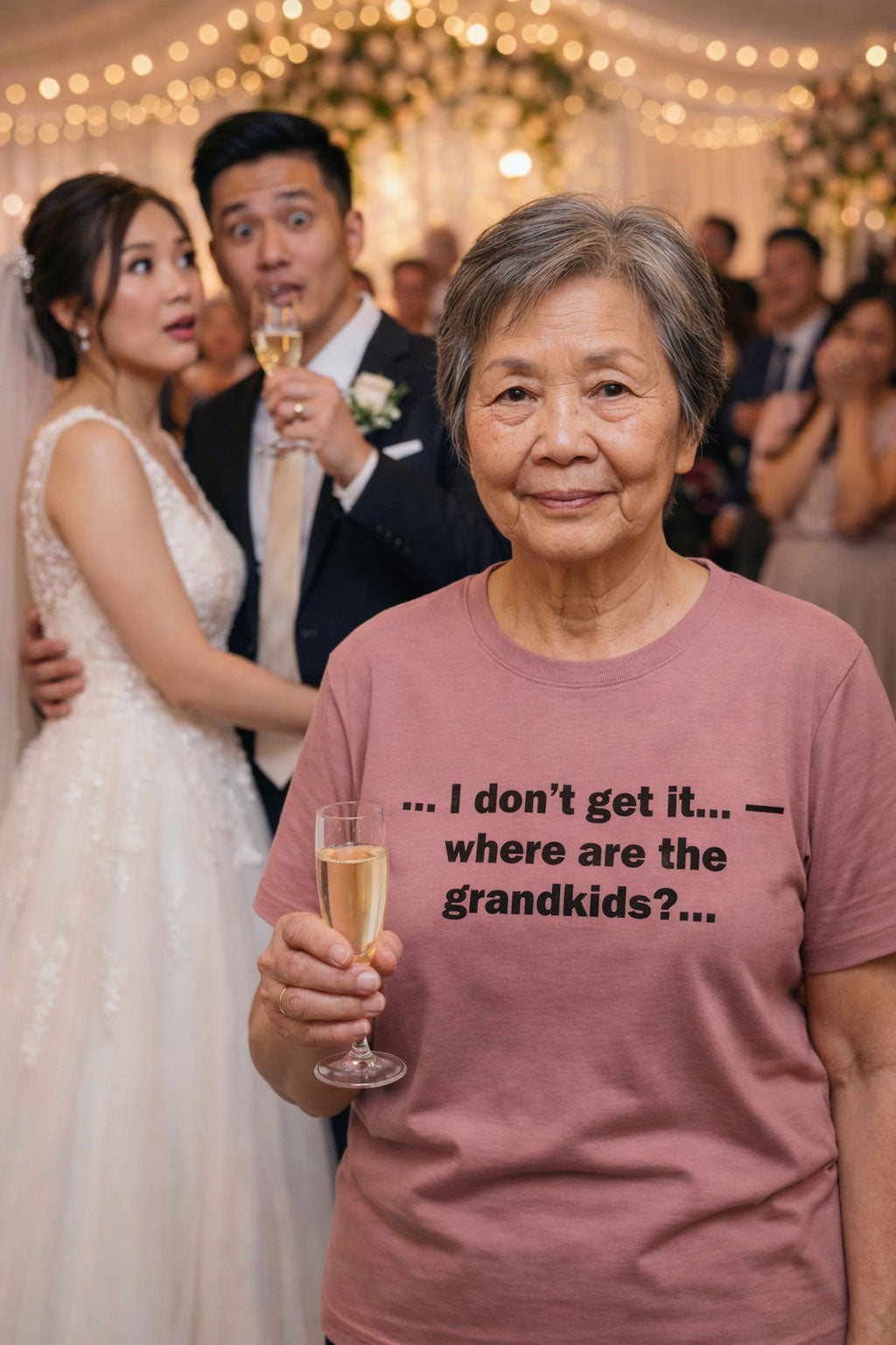 Proud woman holding champagne wearing I don't get it where are the grandkids tee an ideal present.