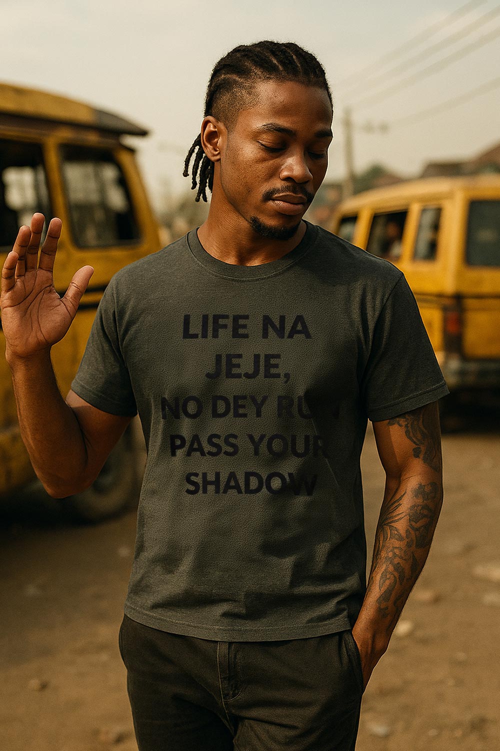 Relaxed man wearing life na jeje no dey run pass your shadow finding deep peace perfect gift.