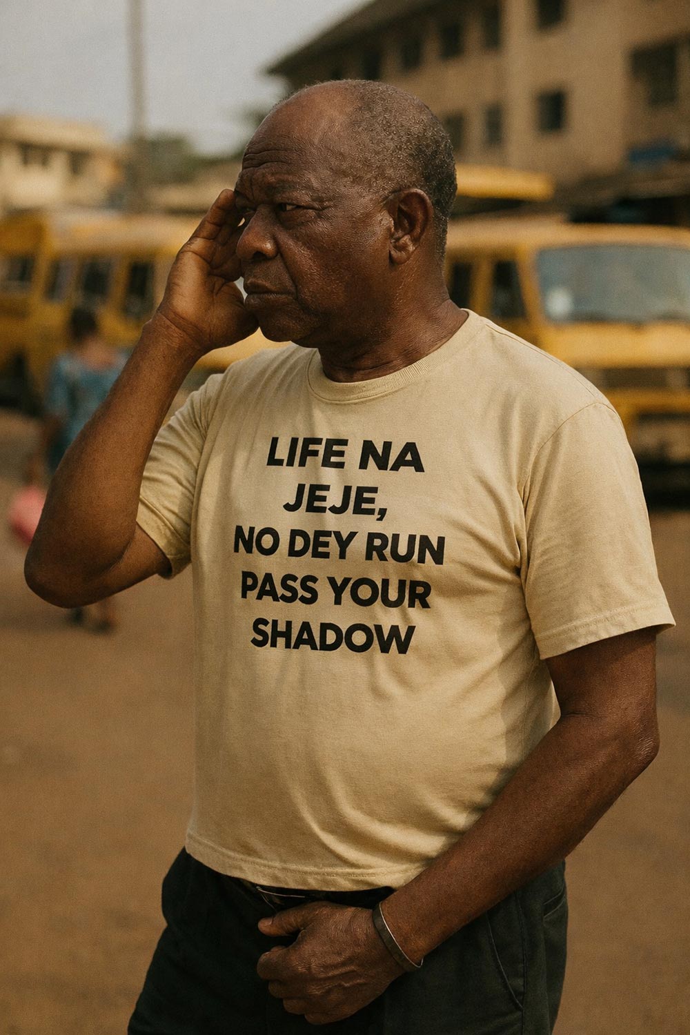 Older man looking away in life na jeje no dey run pass your shadow true progress gift.
