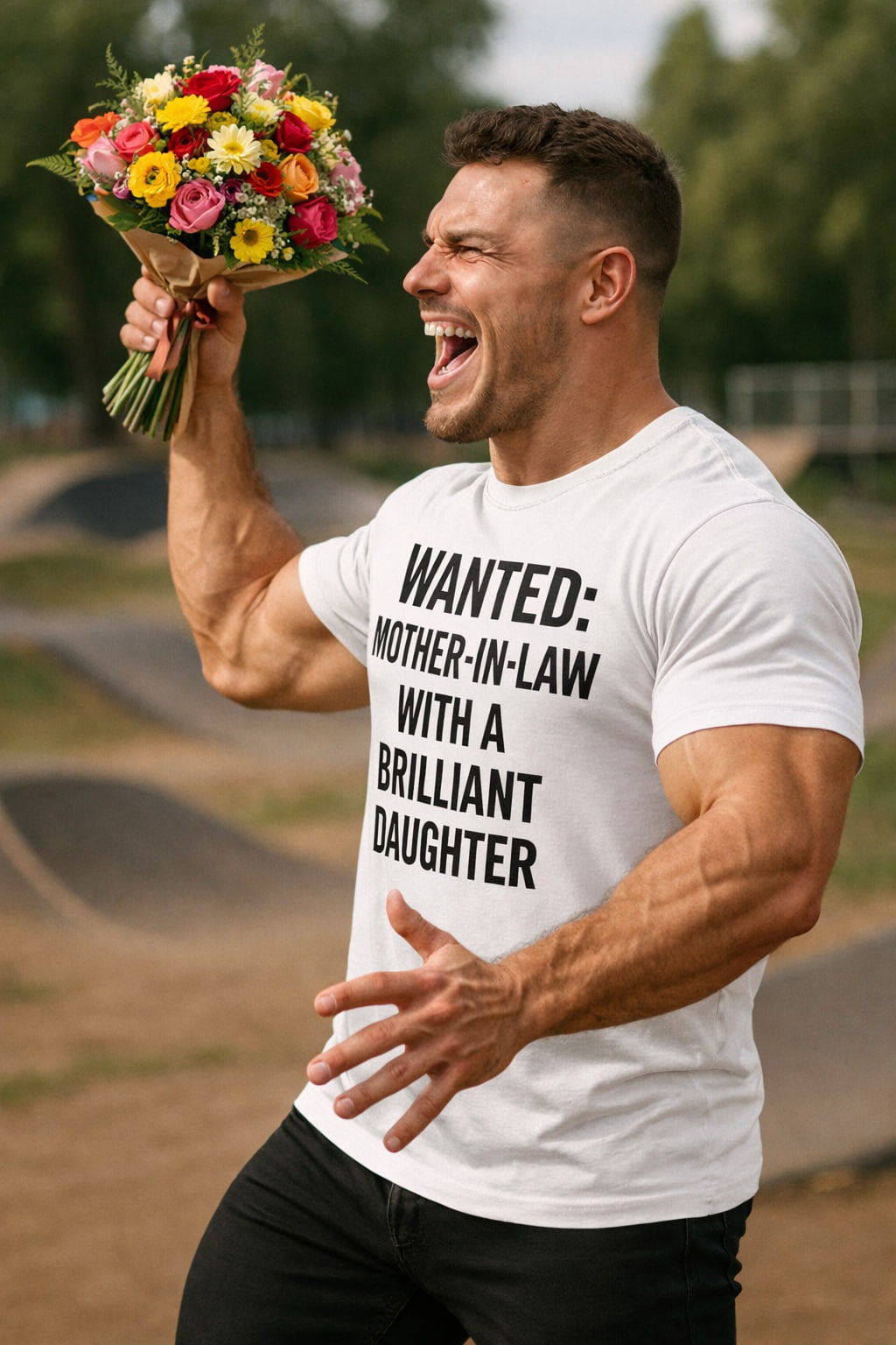 Romantic irony: WANTED: MOTHER-IN-LAW WITH A BRILLIANT DAUGHTER shirt worn by a man; perfect birthday gift for a guy with a great sense of humor