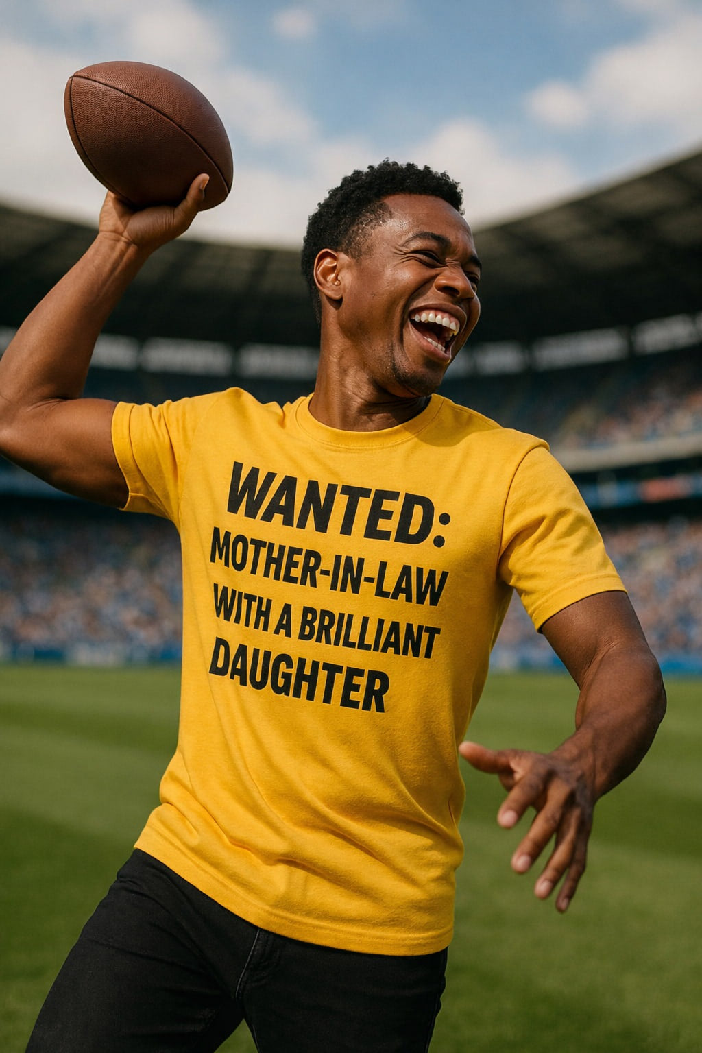 Active lifestyle look: man in WANTED: MOTHER-IN-LAW... yellow tee; creative gift for a son or brother who appreciates witty and bold statements