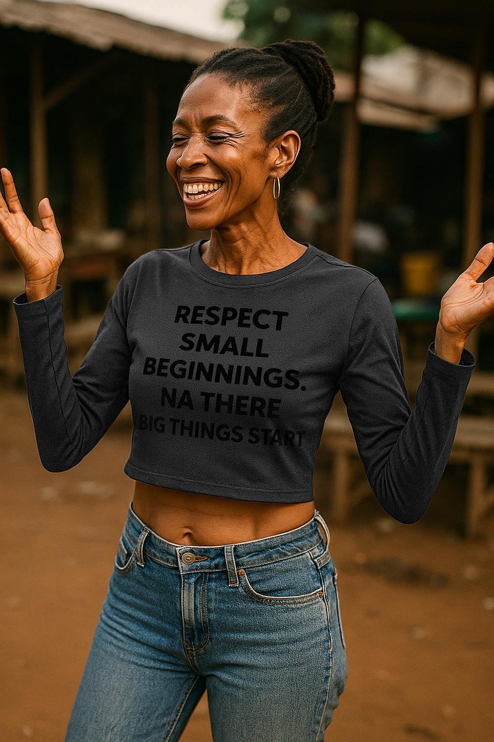 Happy woman raising hands in respect small beginnings na there big things start nurturing steady hope.