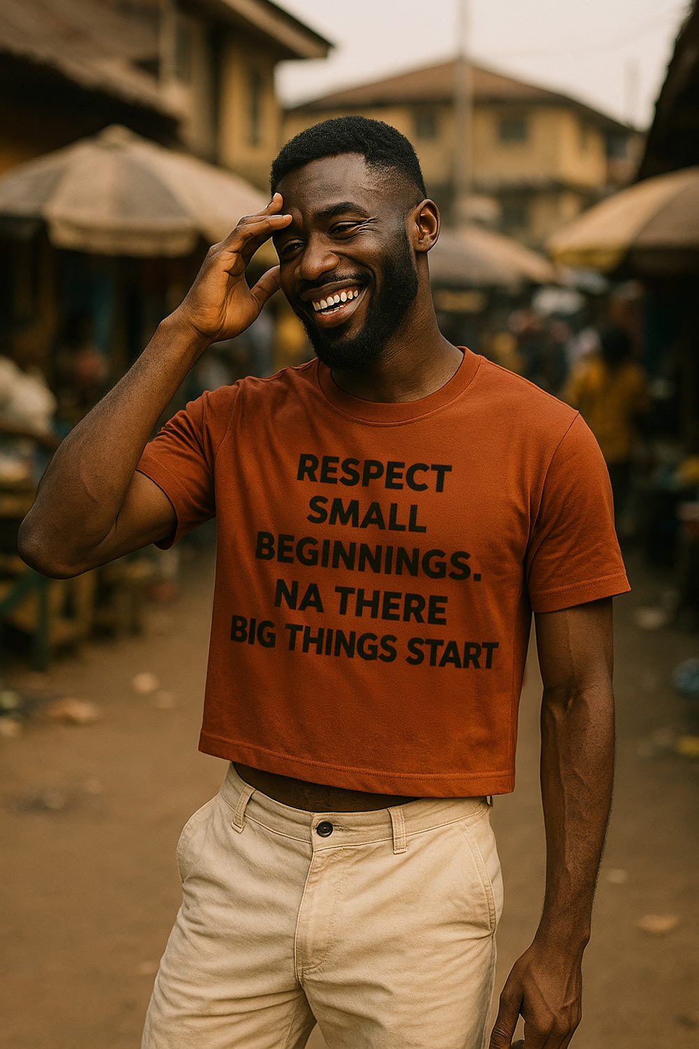 Laughing man touching face in respect small beginnings na there big things start humble steps gift.