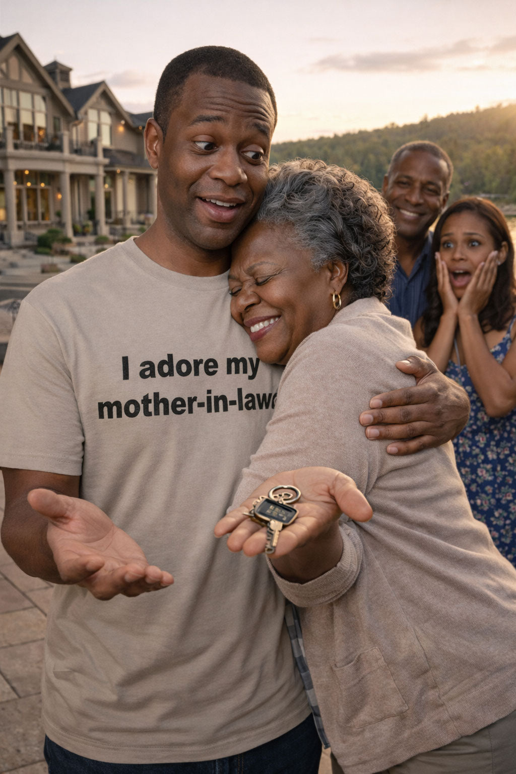 Smiling man hugging an older woman wearing I adore my mother-in-law tee a heartwarming gift.