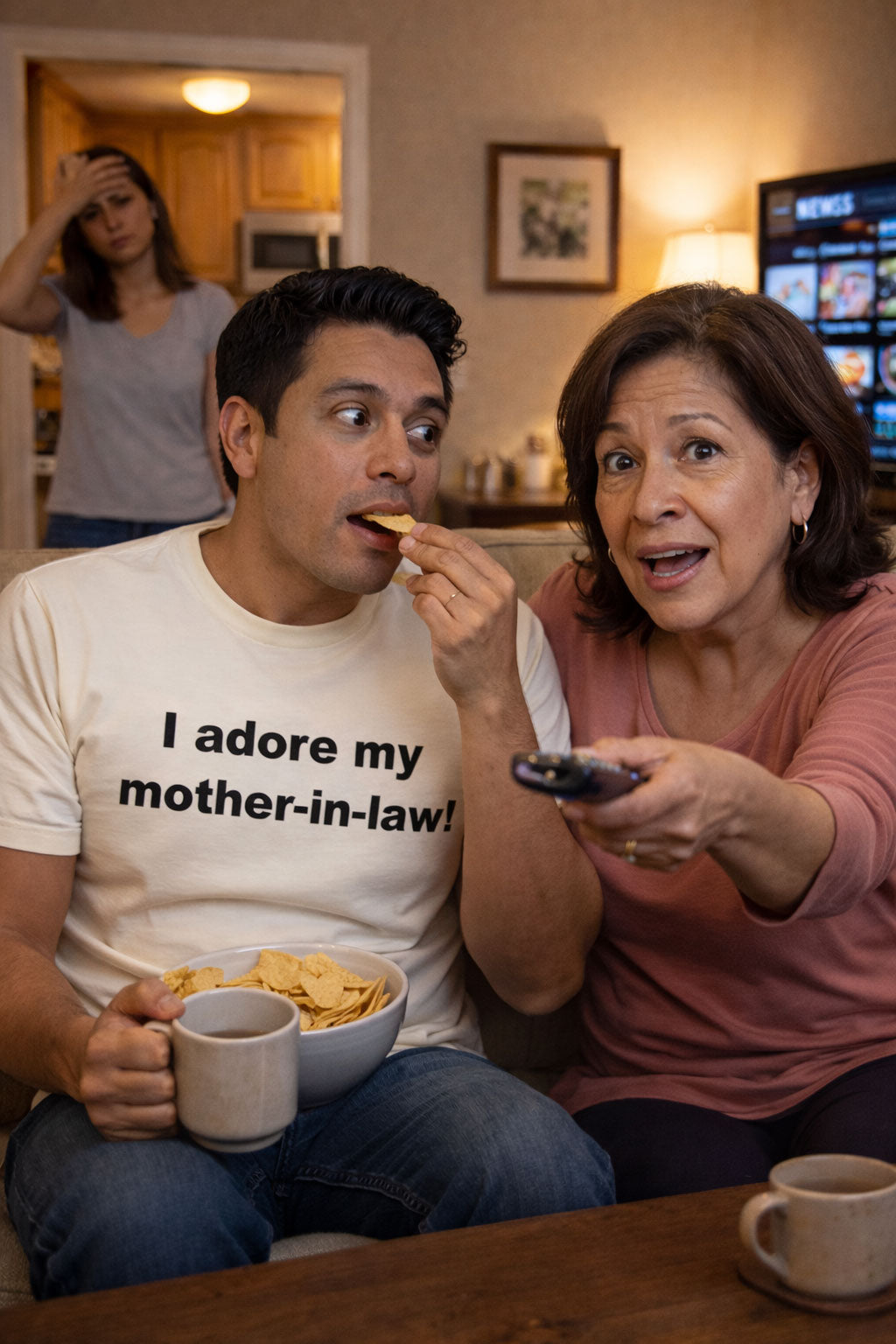 Relaxed man eating chips wearing I adore my mother-in-law shirt celebrating true family harmony.