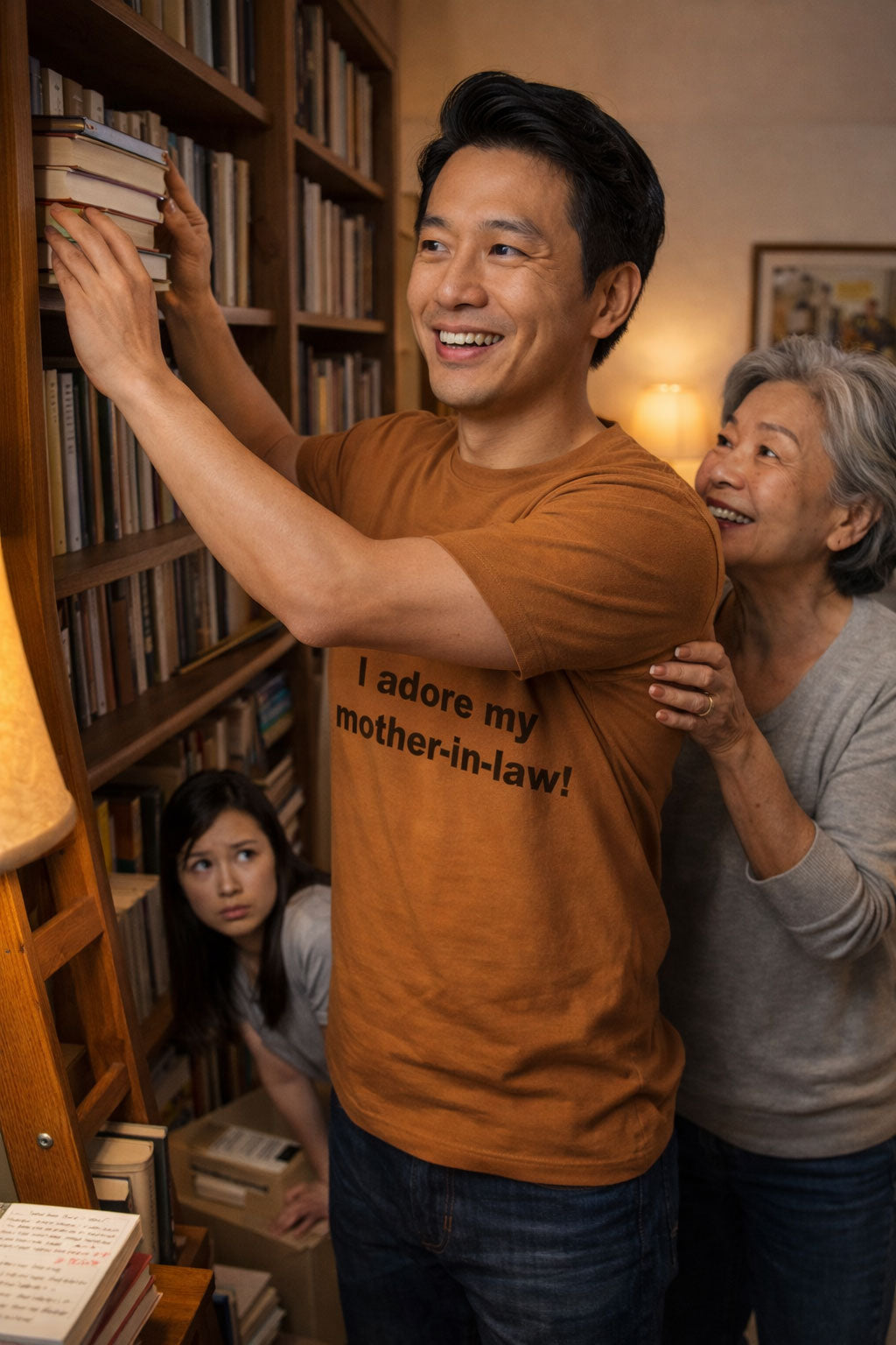 Cheerful man helping with books wearing I adore my mother-in-law tee ideal for supportive families.