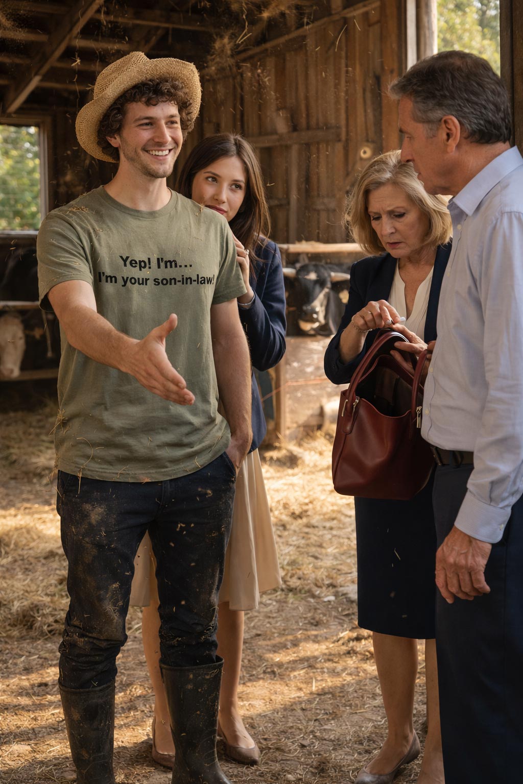 Confident man on a farm wearing the Yep! I'm your son-in-law shirt breaking the ice perfectly.