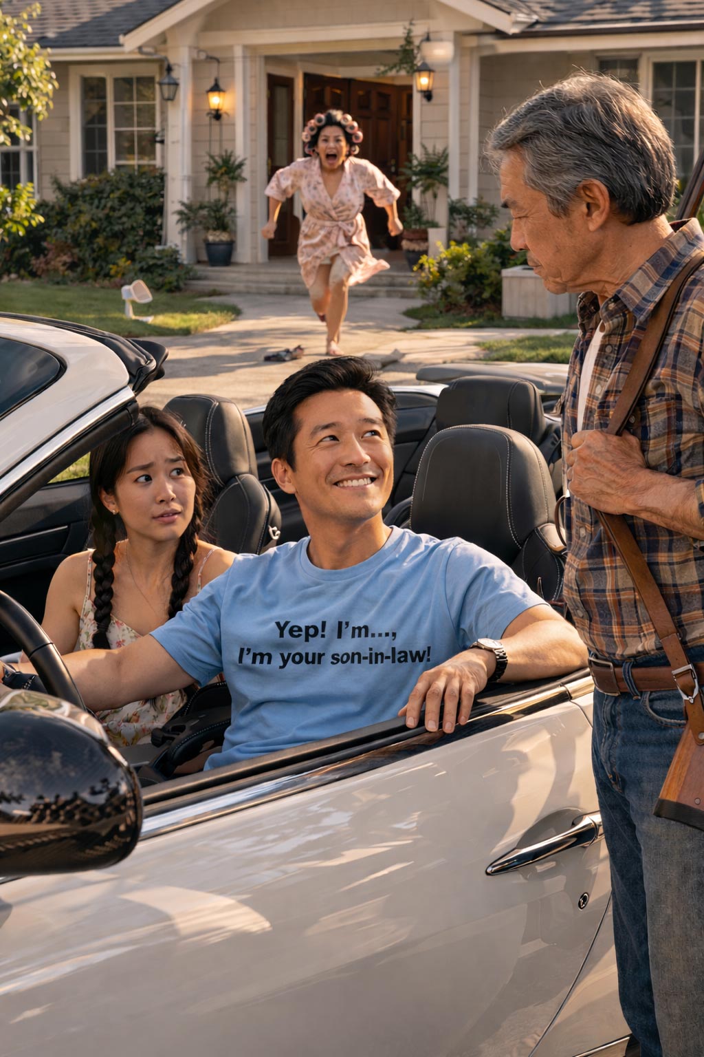 Smiling man in a car wearing the Yep! I'm your son-in-law tee a funny partner gift.
