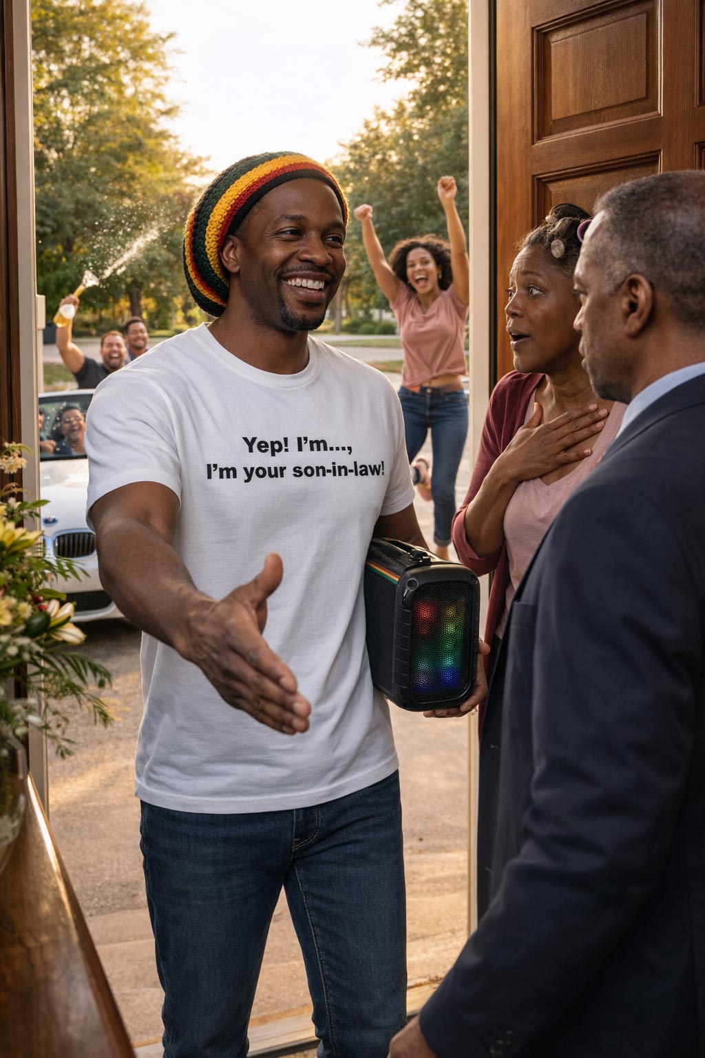 Enthusiastic man at a front door in Yep! I'm your son-in-law shirt for a confident partner.