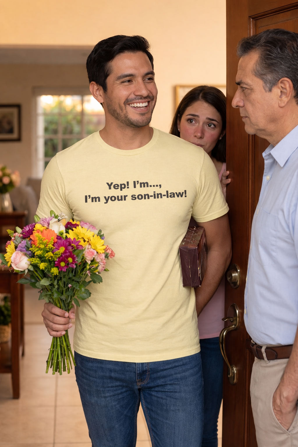 Cheerful man holding flowers wearing the Yep! I'm your son-in-law tee embracing his new family role.