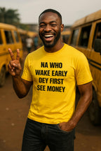 Happy man showing peace sign in na who wake early dey first see money chasing dream gift.