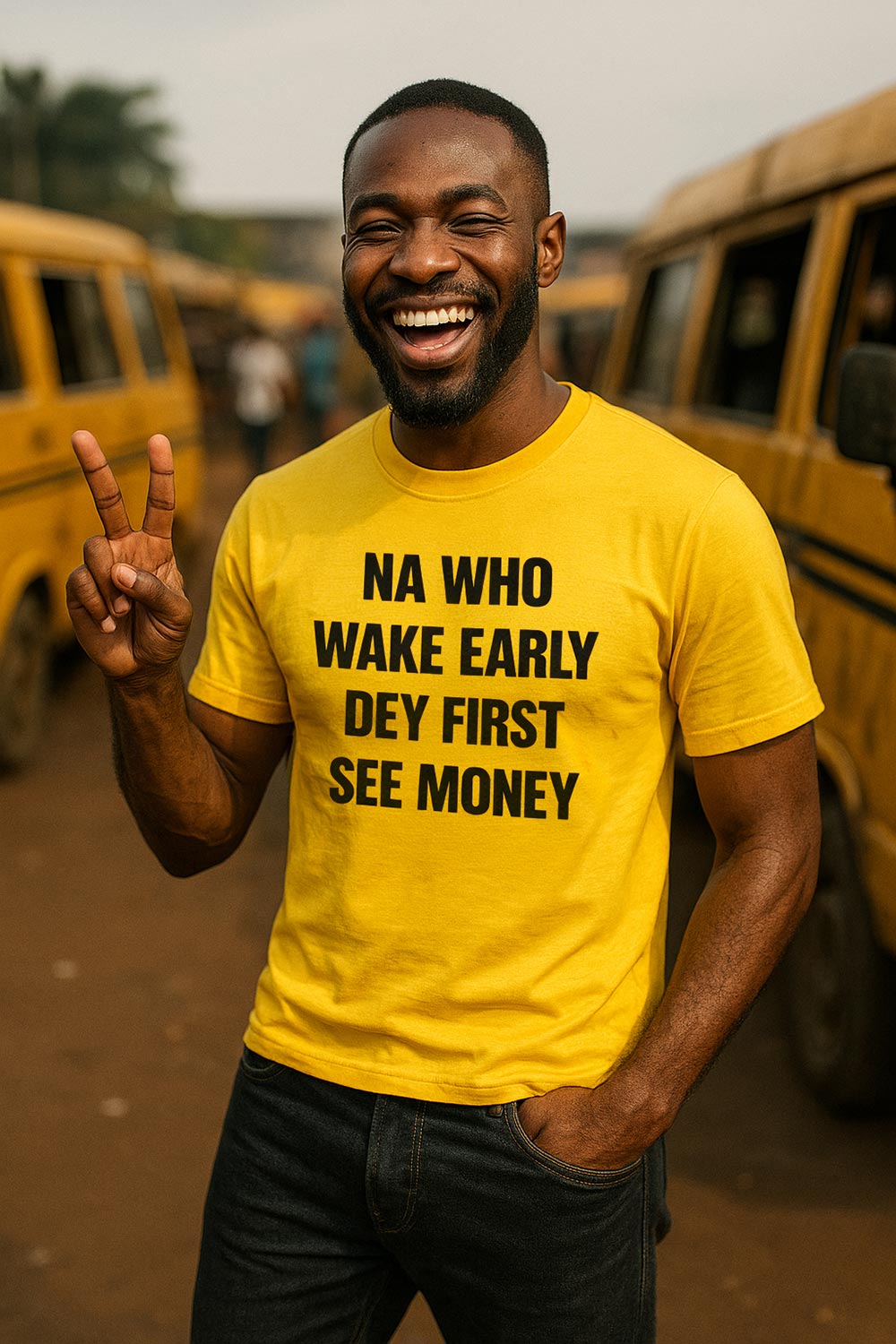 Happy man showing peace sign in na who wake early dey first see money chasing dream gift.