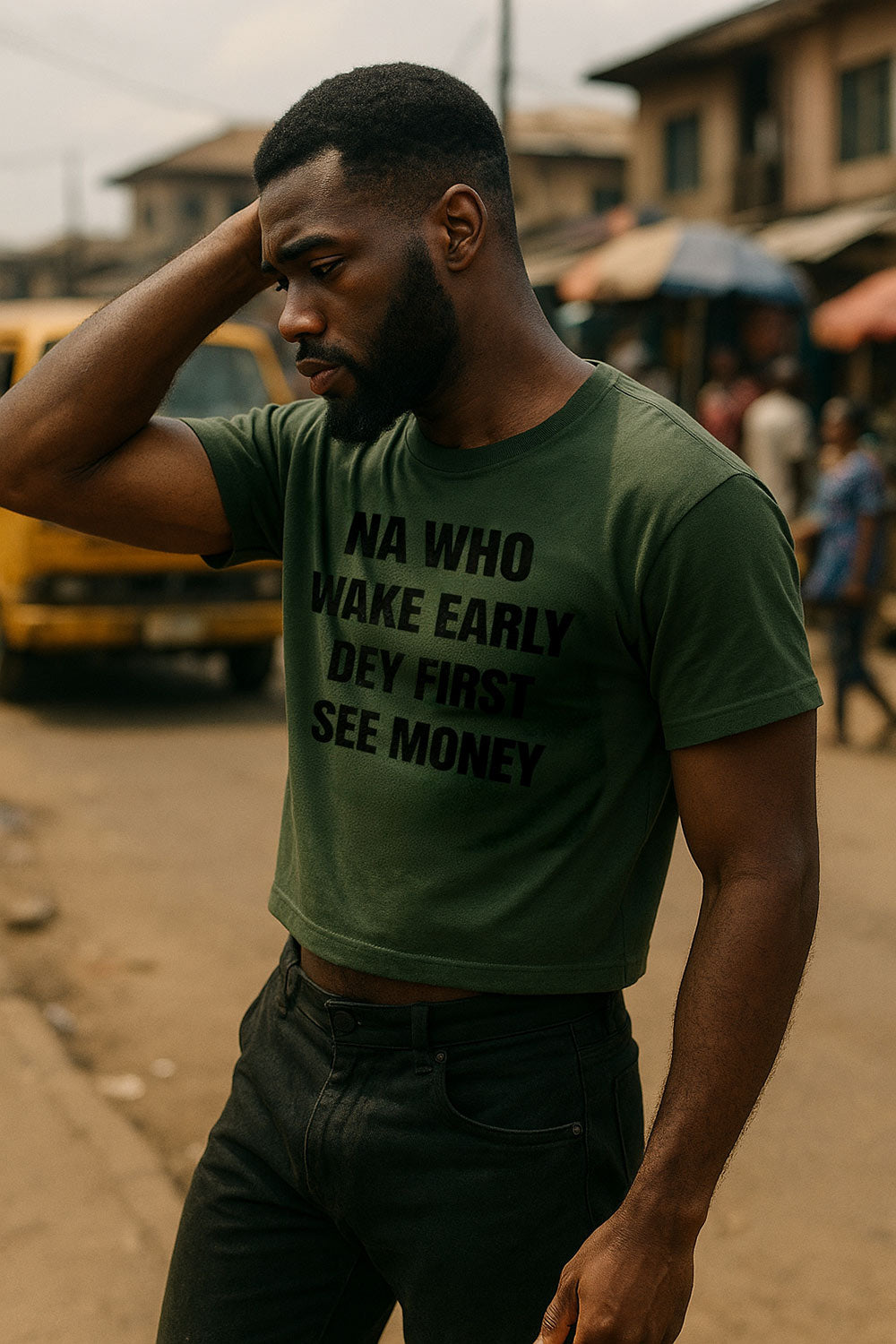 Serious man touching hair wearing na who wake early dey first see money strong determination perfect gift.