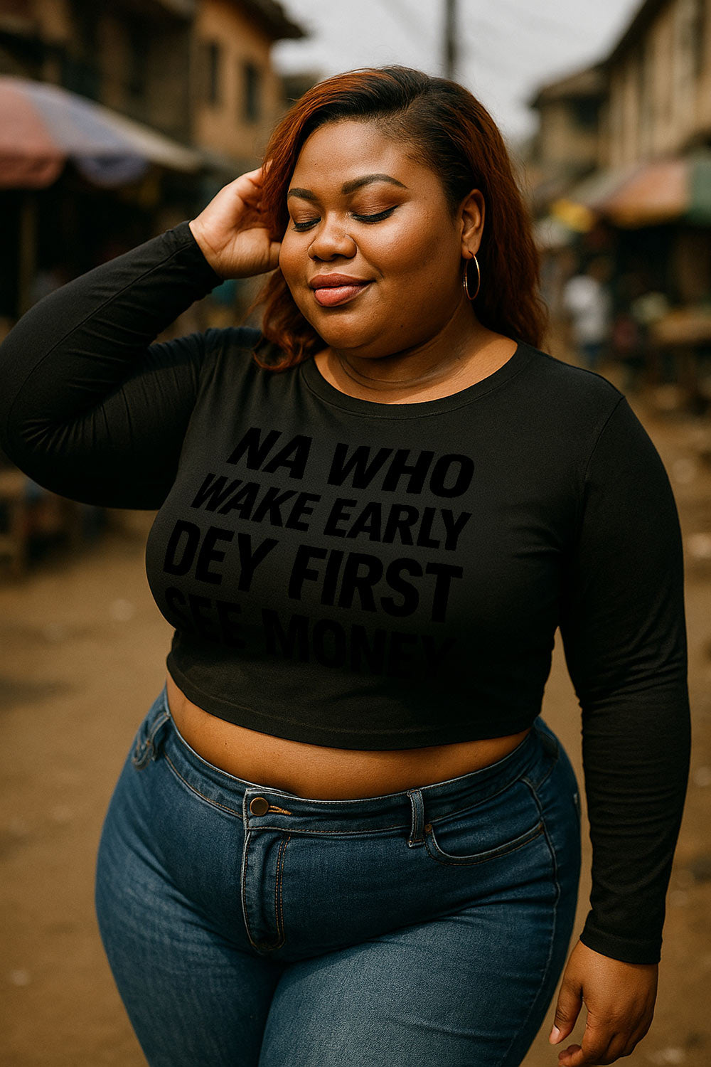 Smiling woman touching hair in na who wake early dey first see money true success meaningful gift.