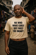 Confident older man touching head in na who wake early dey first see money daily dedication gift.