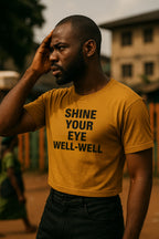 Serious man touch head wear shine your eye well-well tee to avoid unnecessary regret for life.