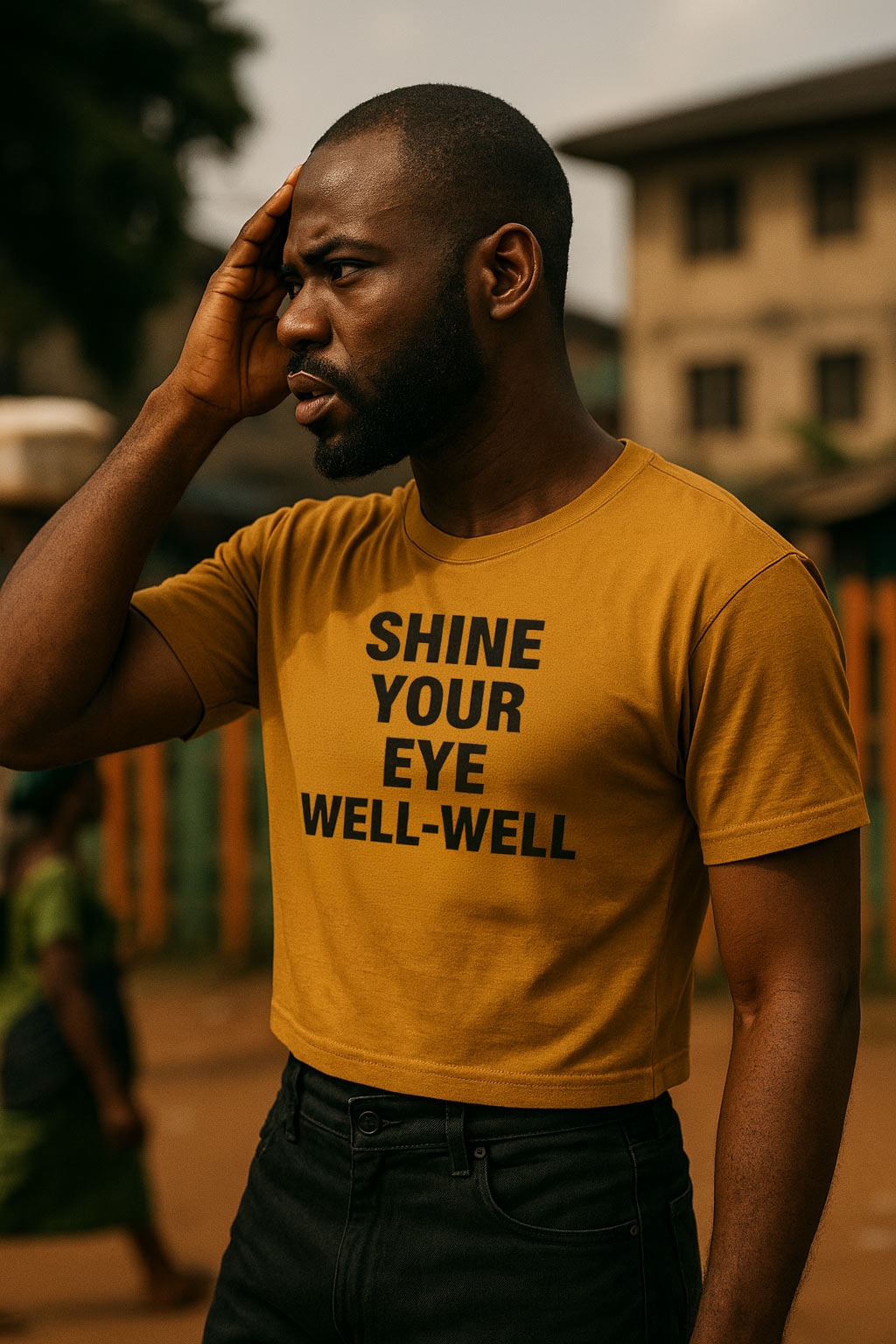 Serious man touch head wear shine your eye well-well tee to avoid unnecessary regret for life.