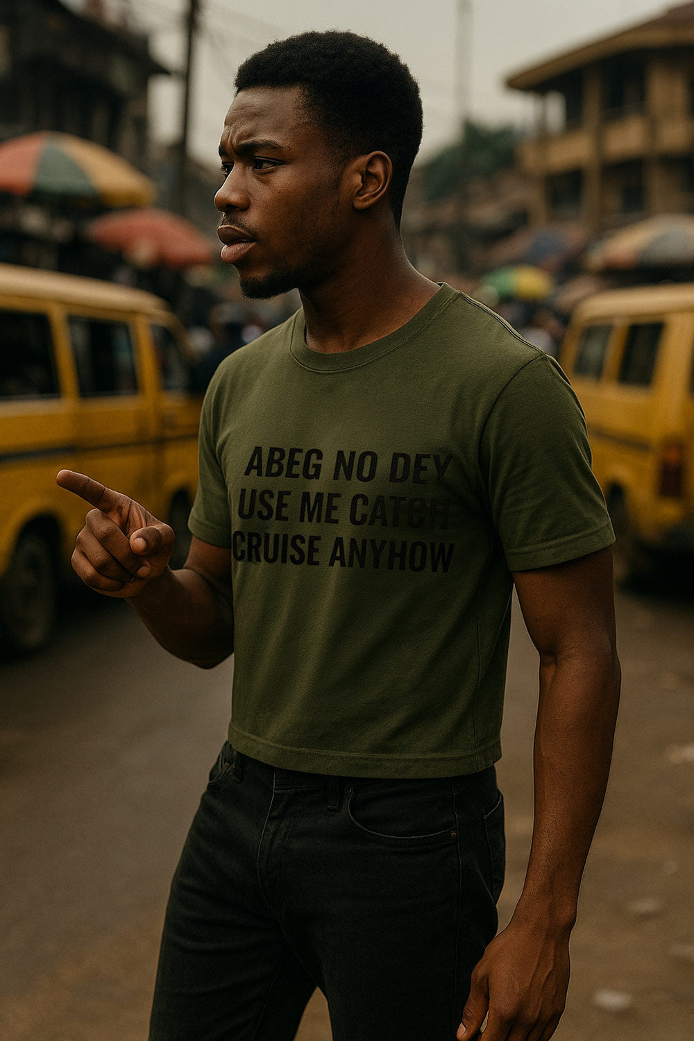 Confident man pointing finger wearing abeg no dey use me catch cruise anyhow knowing worth perfect gift.