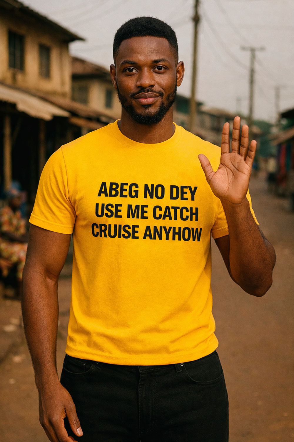 Relaxed man waving hand in abeg no dey use me catch cruise anyhow keeping peace perfect gift.
