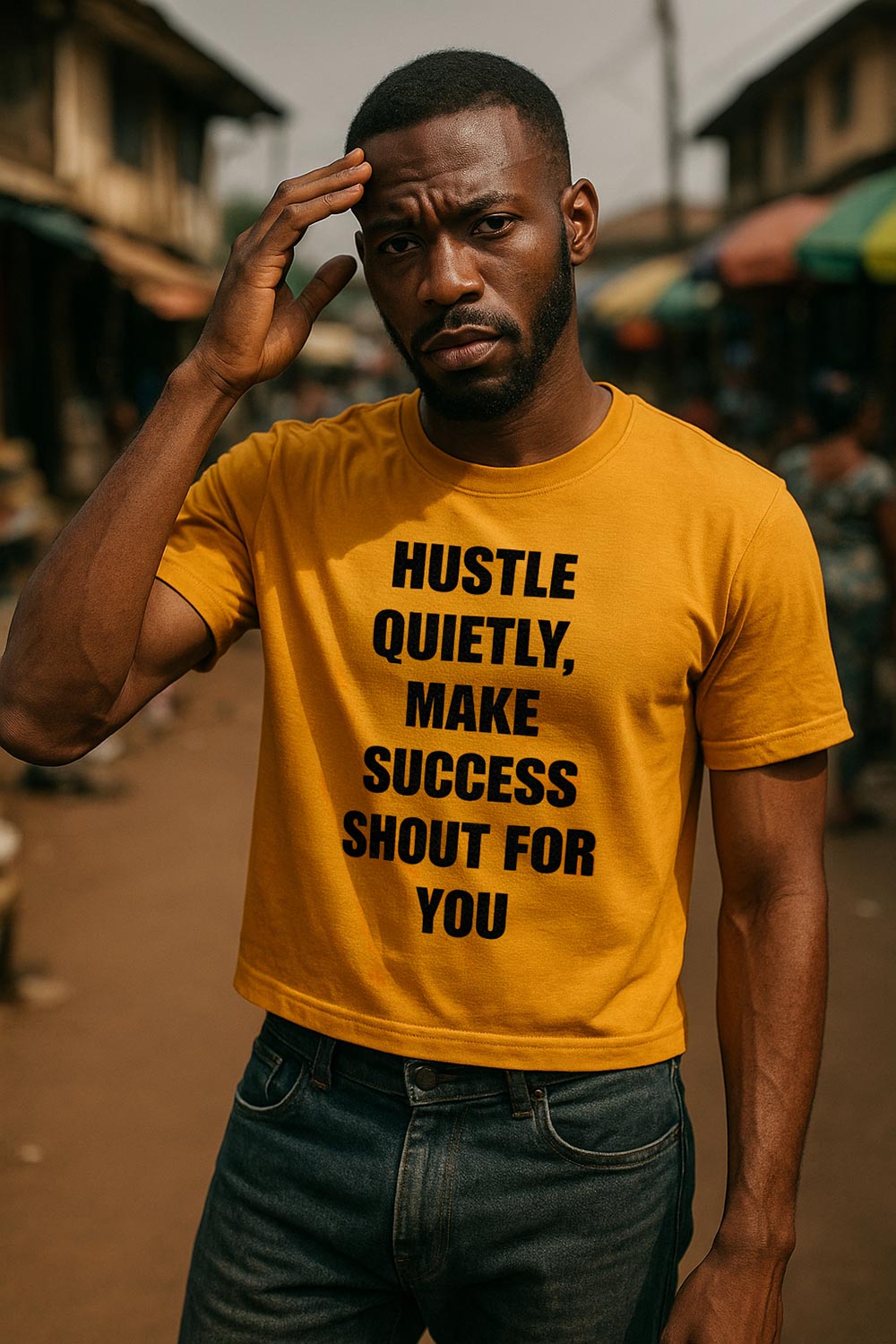 Serious man touching head wearing hustle quietly make success shout for you showing real power perfect gift.