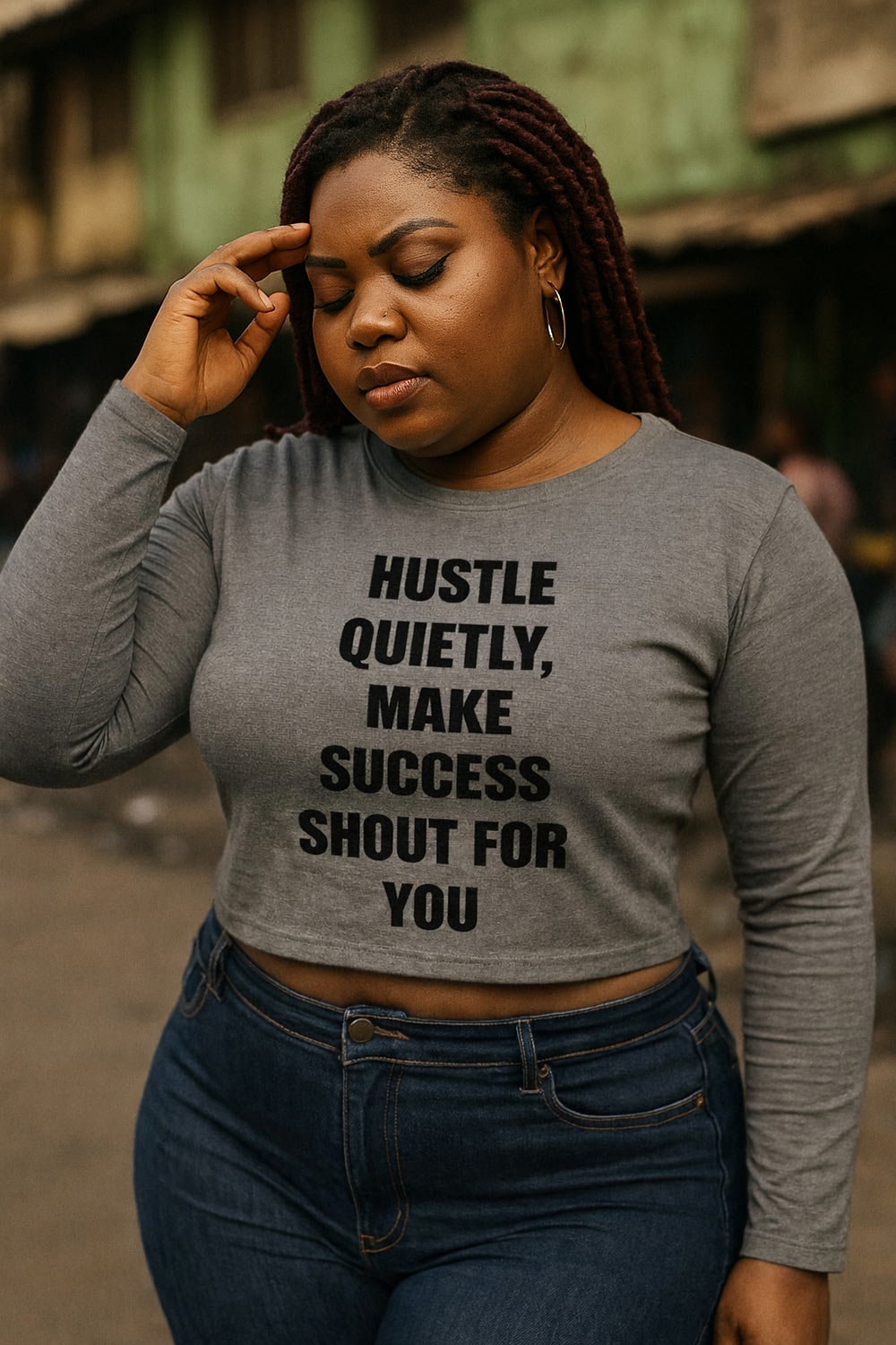 Relaxed woman touching head in hustle quietly make success shout for you building strong foundation gift.