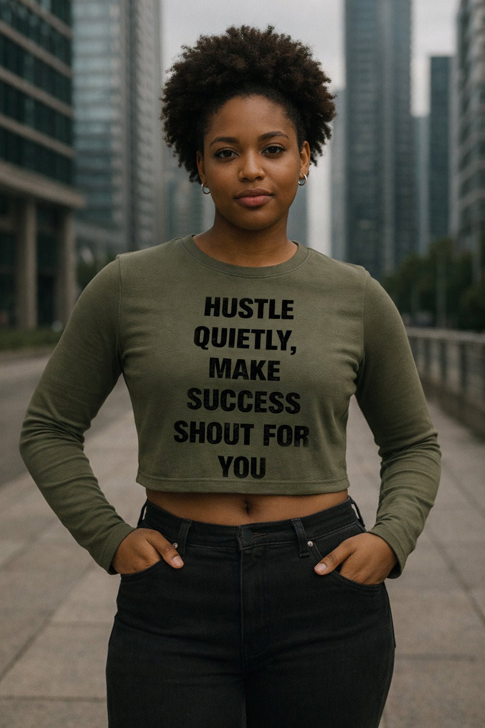 Confident woman standing wearing hustle quietly make success shout for you letting victory speak meaningful gift.